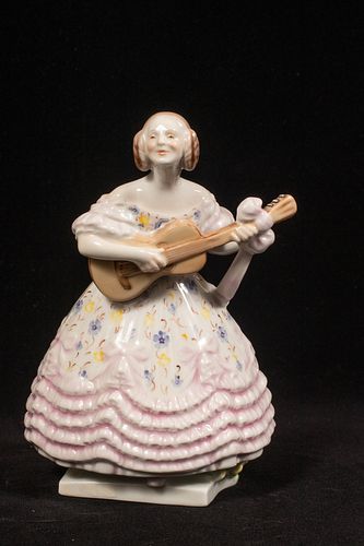 HEREND CO. PORCELAIN FEMALE FIGURINE PLAYING GUITAR, H 8.25", W 6.5" 