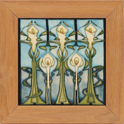 MOORCROFT POTTERY, EMMA BOSSONS, 'CALLA LILY' FRAMED TILE, 2001, H 11.5", W 11.5"