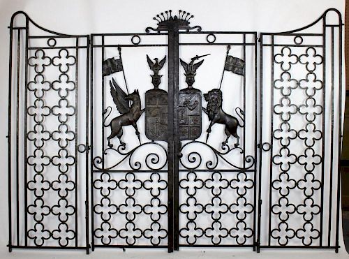 French forged iron entry gates with coat of arms