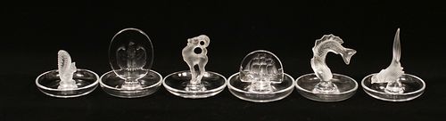 LALIQUE CRYSTAL RING HOLDERS, SIX PIECES, H 4", D 3 3/4" (LARGEST) 