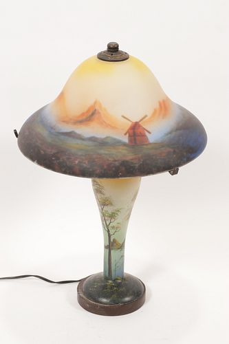 REVERSE PAINTED ELECTRIFIED GLASS LAMP, H 20", DIA 13" 