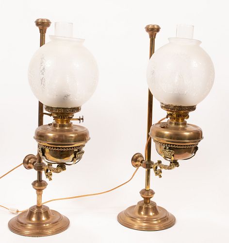 ELECTRIFIED BRASS OIL LAMPS, PAIR, H 25", W 8"
