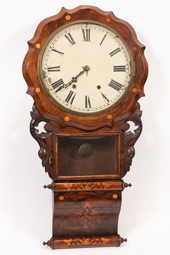 ANTIQUE MARQUETRY WALL CLOCK, C. 1900, H 33", W 17" 