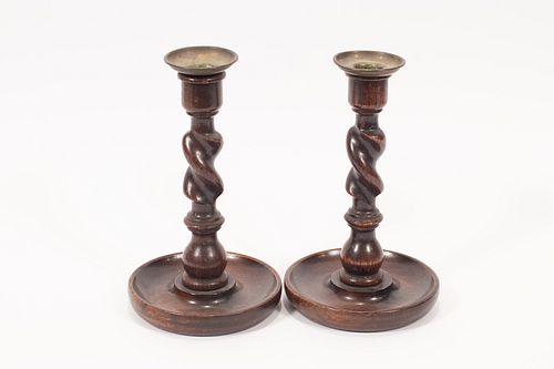 ENGLISH CARVED OAK CANDLESTICKS, BRASS NOZZLES, C 1900 PAIR H 8" 