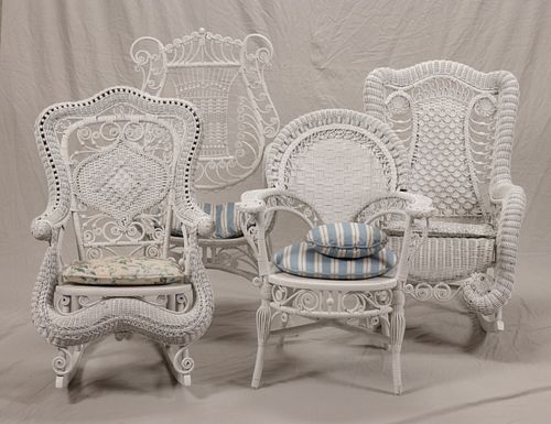 VINTAGE WICKER CHAIRS,  FOUR, CIRCA 1900 H 36" - 46" 