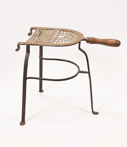 ENGLISH IRON, BRASS AND WOOD FIREPLACE TRIVET 19TH.C. H 12" L 14" 