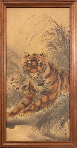 SIGNED  SHUSEKI JAPANESE INK AND COLOR ON SILK C.1900 H 31.5" W 15" TIGER 