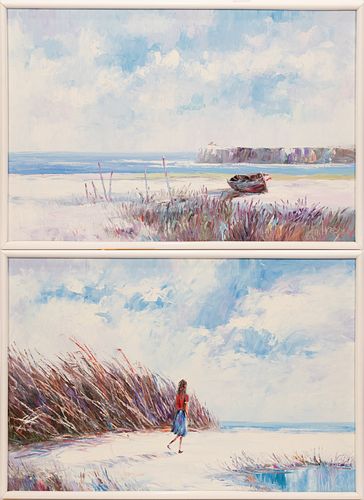 ANDRE, OIL ON CANVAS C 1970 PAIR H 24" W 36" BEACH SCENES 