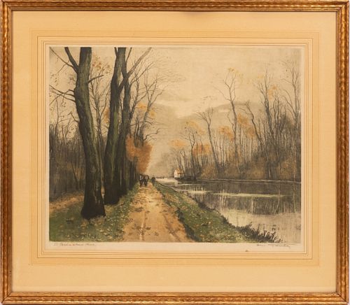 HENRI JOURDAIN (FRENCH, 1864-1931) AQUATINT ETCHING ON PAPER, H 18", W 23", "CANAL EN AUTOMNE" 