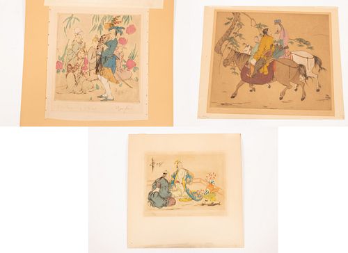 ELYSE ASHE LORD (BRITISH, 1900–71) AQUATINTS IN COLORS, ON PAPER,(3) WOOING OF RIZA; THE CLOCKWORK DOLL, CHINESE 