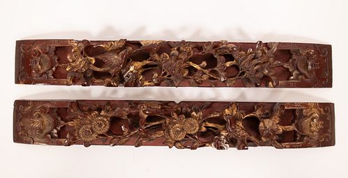 THAILAND GILT CAARVED WOOD WALL ORNAMENTS, PAIR, H 18.5", W 3" 