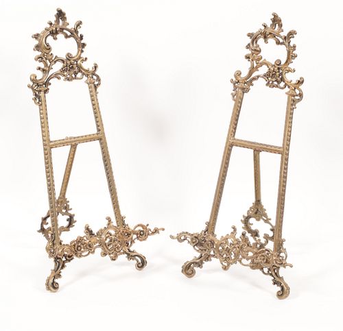 VICTORIAN STYLE BRASS EASELS, PAIR, H 22", W 11"