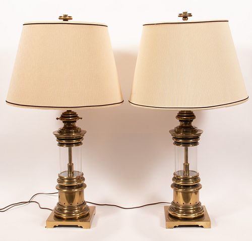 LIGHTHOUSE STYLE BRASS & GLASS LAMPS, PAIR, H 35", W 7.5" 