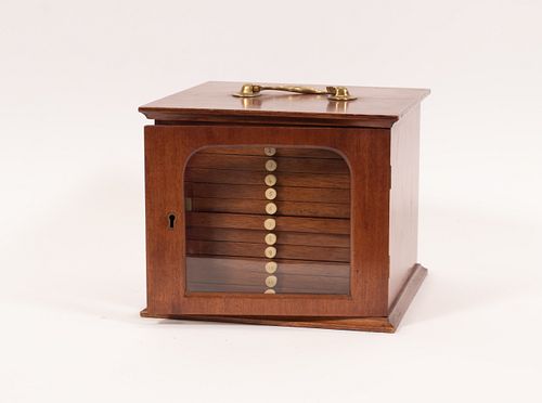 MAHOGANY & BRASS COIN CABINET, H 7", W 8.5" 