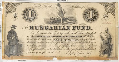 U.S. HUNGARIAN FUND FOR INDEPENDENT HUNGARIAN GOVERNMENT $1.DOLLAR PAPER CURRENCY NOTE. ONE OF A KIND. VERY RARE FEB 2ND, 1852 (1) H 5" W 8" 
