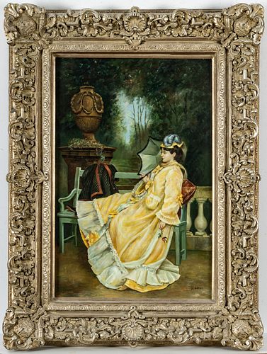 OWNER WILL PICK UP  G. GARAZI, (ITALIAN) OIL ON CANVAS, 20TH C., H 36" W 23" SEATED WOMAN IN YELLOW DRESS 