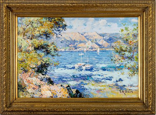 S. RAZIN (20TH CENTURY) OIL ON CANVAS, H 23.5" W 35.5" (IMAGE) VIEW OF THE BAY  
