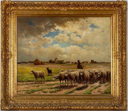 PAUL CHAIGNEAU (FRENCH 1879-1938) OIL ON CANVAS, H 24" W 28" SHEPHERD WITH HIS FLOCK 