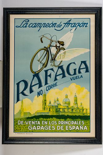 F. DE PRADO (SPAIN) LITHOGRAPHIC POSTER IN COLORS ON WOVE PAPER, CIRCA 1930, H 40.75" W 27.25" RAFAGA