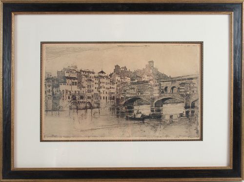 JOSEPH PENNELL (AMERICAN, 1857–1926) ETCHING ON JAPAN PAPER, 2.24.1883 H 9.75" W 16.5" THE PONTE VECCHIO, FLORENCE 