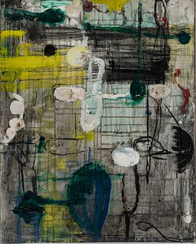 CUSTOMER IS PICKING UP - TOM SAVAGE (AMERICAN, B. 1953) MIXED MEDIA ON WOOD PANEL, C. 1990, H 30", W 23.75" UNTITLED ABSTRACT 