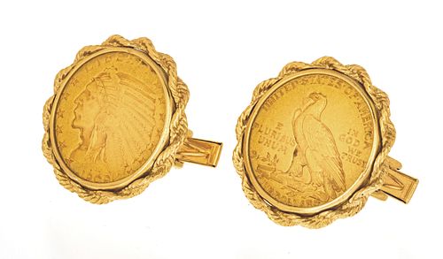 GOLD 1909 LIBERTY COINS MOUNTED AS CUFFLINKS, DIA 1", T.W. 30 GR 