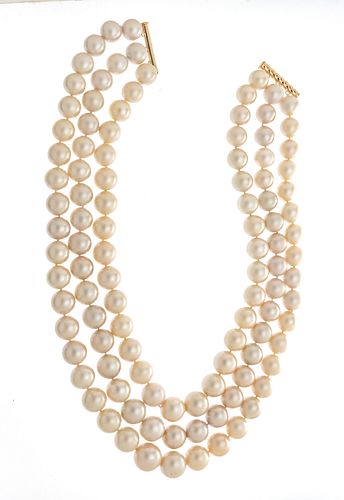 SOUTH SEA PEARL (12-15MM) 18KT GOLD TRIPLE STRAND NECKLACE, L 17", T.W. 329 GR 