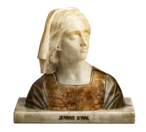 PROFESSOR GUISEPPE BESSI (ITALIAN 1857-1922) CARVED MARBLE AND ALABASTER BUST, LATE 19TH/EARLY 20TH C., H 8.5", W 9.25", D 4.5", "JEANNE D'ARC" 