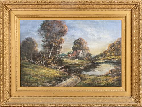 PASTEL ON PAPER, H 24", W 36", LAKESIDE COTTAGE WITH ROAD IN FOREGROUND 