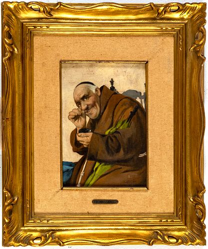 POMPEO MASSANI (ITALY, 1850-1920) OIL ON PANEL, H 8.5", W 6", FRIAR WITH UMBRELLA 