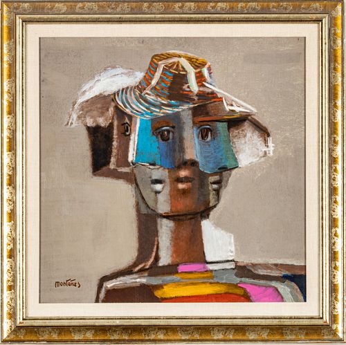 JOSE MONTANES (SPAIN/FRANCE, 1918-1998) OIL ON MASONITE, H 24", W 24", ABSTRACT PROFILE 