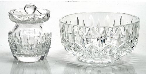 WATERFORD CUT CRYSTAL CANDY DISH AND AN UNMARKED MUSTARD POT, TWO PCS. 