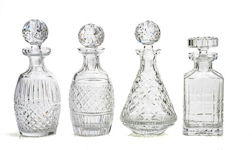 CUT CRYSTAL DECANTERS, FOUR PIECES, H 8.5" TO 10.5" 