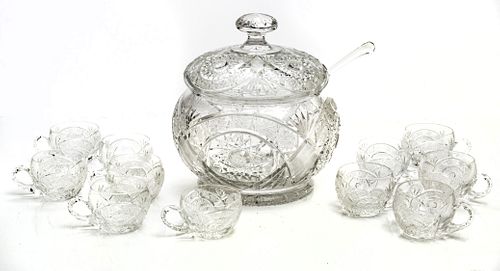 AMERICAN CUT CRYSTAL COVERED PUNCH BOWL, LADLE AND 11 CUPS, H 11.25"