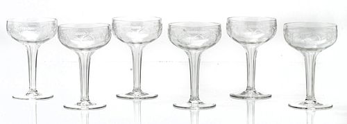 AMERICAN ETCHED GLASS HOLLOW STEM CHAMPAGNE GLASSES, C. 1940, H 5 3/8" DIA 3 1/2" 