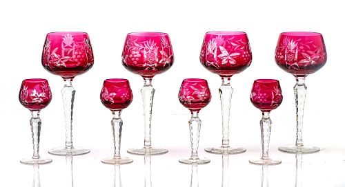 BOHEMIAN  CRANBERRY TO CLEAR ETCHED WINE AND CORDIAL GLASSES C. 1950 24 PCS 