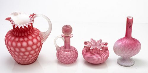 PINK SATIN AND OPALESCENT GLASS GROUPING, FOUR PIECES, H 3" TO 7.75" 