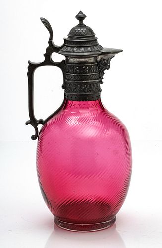 CRANBERRY GLASS AND PEWTER PITCHER, C 1870, H 10.75" 