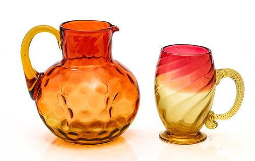 AMBERINA GLASS PITCHER AND MUG, C 1870, TWO PIECES, H 4.25" AND 5.5" 