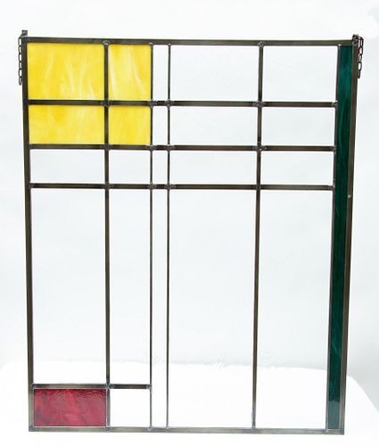 STYLE OF DE STIJL LEADED STAINED GLASS WINDOW PANE, H 35", W 28.5"