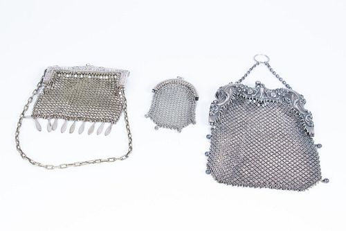 STERLING SILVER MESH HANDBAGS AND COIN PURSE, EARLY 20TH C., THREE PIECES 