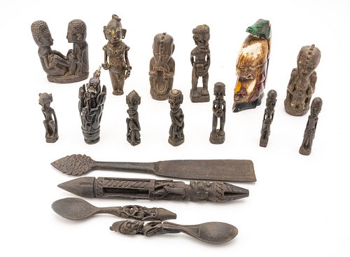 AFRICAN CARVED WOOD, STONE AND BRONZE FIGURAL GROUPING, 20TH C., SEVENTEEN PIECES, H 4.5" TO 15" 