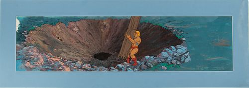 HE-MAN MULTI PRODUCTION CEL AND HAND PAINTED PRODUCTION BACKGROUND,  H 10" 