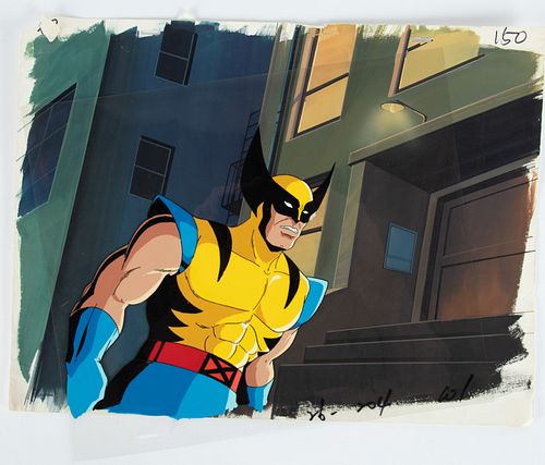 MARVEL PRODUCTIONS (AMERICAN, EST. 1993), 1992-7, H 8.5", W 7.5", X-MEN PRODUCTION CEL OF WOLVERINE, BACKGROUND, AND DRAWING 