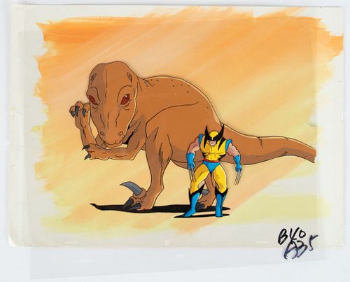 MARVEL PRODUCTIONS (AMERICAN, EST. 1993), X-MEN PRODUCTION CEL WITH PRODUCTION BACKGROUND, 1992-7, H 6.5", W 10", "WOLVERINE FIGHTING T-REX" 
