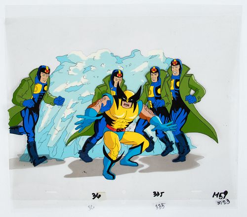 MARVEL PRODUCTIONS (AMERICAN, EST. 1993), X-MEN ANIMATION CEL, 1992-7, H 8", W 11", "WOLVERINE AND MULTIPLE MAN" 