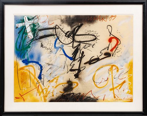 ILLEGIBLY SIGNED PASTEL & GOUACHE ON WOVE PAPER, 1989, H 28.75", W 40", UNTITLED ABSTRACT 