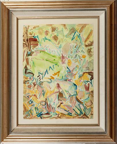 JACK  FAXON (AMERICAN, 1936-2020), WATERCOLOR, 1994, H 30", W 22", AQUA, PINK, AND GREEN ABSTRACT 