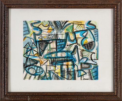 JACK FAXON (AMERICAN, 1936-2020), WATERCOLOR,  1991, H 11", W 13", BLUE, BLACK ABSTRACT 