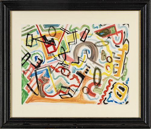 JACK FAXON (AMERICAN, 1936-2020), WATERCOLOR AND GOUACHE, H 14" W 20" ABSTRACT STRONG MULTICOLOR 